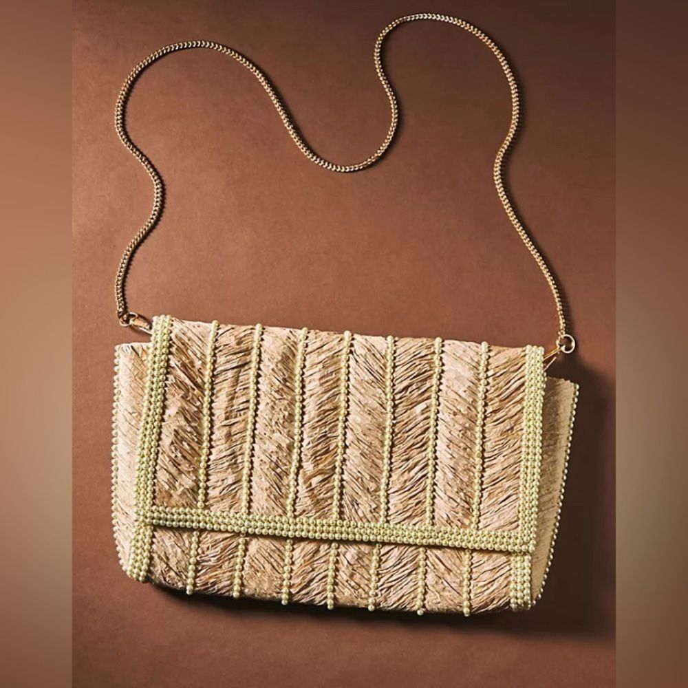Anthropologie Raffia Pearl-Embellished Clutch